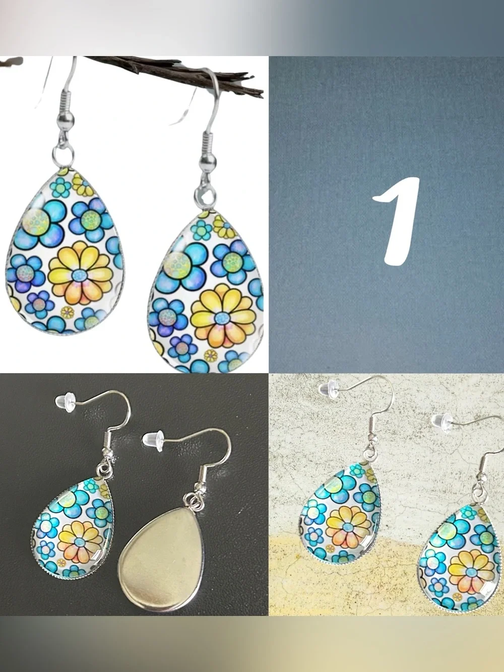 Glass Dome Teardrop Dangle Earrings Floral & Abstract Watercolor Cabochon Design
